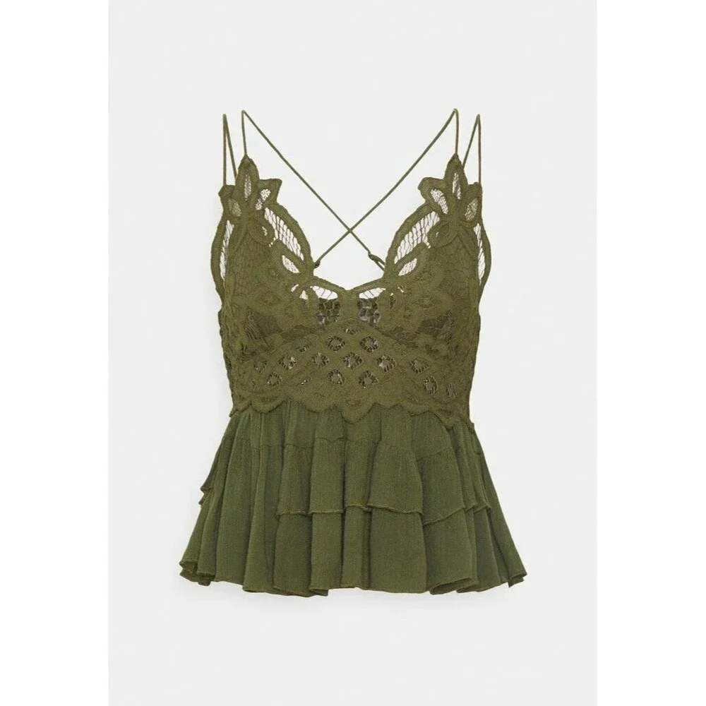 Intimately Free People Adella Cami Blouse Top Crochet Lace Flowy Green M 287108
